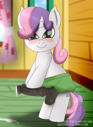 Size: 2295x3138 | Tagged: explicit, artist:shutterflyeqd, sweetie belle, balls, bipedal, blushing, clothes, clubhouse, crusaders clubhouse, cum, erection, foalcon, futa, futa sweetie belle, g4, high res, horsecock, imported from derpibooru, intersex, nudity, penis, pony, precum, skirt, skirt boner, solo, solo futa