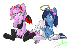 Size: 560x373 | Tagged: explicit, artist:lildooks, oc, oc:serenity, oc:show stopper, black underwear, blushing, bra, chest fluff, clitoris, clothes, crop top bra, demon wings, devil horns, dressup, foalcon, genitals, halo, implied foalcon, imported from derpibooru, laughing, legwear, model, nudity, oc only, panties, panties pulled down, simple background, smiling, socks, thigh highs, underwear, vulva, white background, white underwear, wings