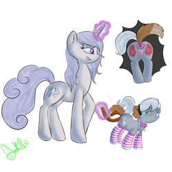 Size: 1536x1536 | Tagged: explicit, artist:lildooks, silver spoon, oc, oc:sterling silver, anal insertion, anal tail plug, belt, butt, buttplug, canon x oc, clothes, collar, earth pony, female, filly, foal, foalcon, g4, imported from derpibooru, insertion, magic, mare, nudity, pet play, plot, pony, sex toy, shipping, socks, spanking, striped socks, unicorn, vagina, vulva