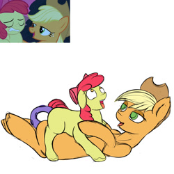 Size: 1500x1500 | Tagged: explicit, artist:chapaevv, apple bloom, applejack, ahegao, applecest, dildo, doubleheaded dildo, female, foalcon, g4, imported from derpibooru, incest, lesbian, mare on filly, my little pony: friendship is magic, obscured penetration, open mouth, scene interpretation, sex toy, ship:bloomjack, shipping, sleepless in ponyville, softcore