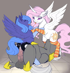 Size: 1280x1333 | Tagged: explicit, artist:evehly, princess celestia, princess luna, :p, alicorn, anus, balls, bedroom eyes, belly button, big penis, bipedal, bipedal leaning, bisexual, clothes, commission, cowgirl position, creampie, cum, cumming, cunnilingus, cute, cute porn, drool, drool string, eyes closed, facesitting, female, ffm threesome, floppy ears, foalcon, g4, group sex, helmet, holding hooves, horsecock, horseshoes, imported from derpibooru, incest, lesbian, lucky bastard, lunabetes, male, moaning, moonbutt, mottled genitals, nudity, on back, open mouth, oral, orgasm, penis, pink-mane celestia, ponut, pony, raised tail, reverse spitroast, royal guard, royal sisters, s1 luna, sex, ship:guardlestia, ship:guardluna, ship:princest, shipping, smiling, socks, spread wings, straight, striped socks, sunbutt, tail, threesome, tongue out, trio, wingboner, wings, wood, younger