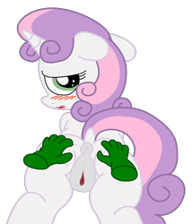 Size: 2000x2325 | Tagged: explicit, artist:an-tonio, artist:railphotos, sweetie belle, 2 handfuls of dat ass, anonymous, anus, butt, butt grab, color edit, colored, disembodied hand, dock, edit, female, filly, flat colors, floppy ears, foal, foalcon, g4, grope, hand on butt, high res, imported from derpibooru, looking at you, looking back, nudity, plot, ponut, raised tail, simple background, sweetie butt, tail, transparent background, vector, vulva
