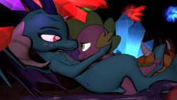Size: 1920x1080 | Tagged: questionable, artist:yamimarik1994, spike, 3d, bedroom eyes, bloodstone scepter, blushing, cel shading, crystal, dragon, dragon lord ember, dragoness, eye contact, female, foalcon, g4, gauntlet of fire, grin, helmet, imported from derpibooru, lying down, lying on top of someone, male, missionary position, my little pony: friendship is magic, on back, penetration, princess ember, sex, ship:emberspike, shipping, smiling, snuggling, softcore, source filmmaker, straight, vaginal