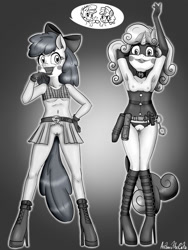 Size: 1500x2000 | Tagged: explicit, artist:anibaruthecat, apple bloom, sweetie belle, abandon all hope, anthro, armpits, bad end, banned from derpibooru, batman, belly button, boots, breastless clothes, breasts, clothes, commission, corrupted, crotchless panties, cuffs, dildo, earth pony, female, foalcon, g4, high heel boots, imported from derpibooru, imported from twibooru, lolicon, makeup, monochrome, nipples, nudity, open mouth, panties, pictogram, sex toy, shoes, skirt, superfilly, sweetie do well, underage, underwear, unguligrade anthro, vaginal secretions, vibrator, vulva