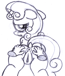Size: 1846x2151 | Tagged: explicit, artist:an-tonio, sweetie belle, anus, bedroom eyes, blushing, butt grab, clitoris, disembodied hand, dock, female, female focus, floppy ears, foalcon, g4, grope, hand on butt, imported from derpibooru, looking at you, looking back, monochrome, nudity, ponut, raised tail, solo focus, sweetie butt, tail, traditional art, vulva