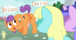 Size: 1280x671 | Tagged: explicit, artist:blargsnarf, anus, balls, blushing, butt, colt, cutie mark, dark genitals, dialogue, dock, earth pony, eyes on the prize, foal, foalcon, g4, grin, group, hidden eyes, horsecock, imported from derpibooru, look at my butt, looking at butt, looking at you, looking back, male, nudity, open mouth, penis, plot, pointing, ponut, pony, presenting, raised tail, sassaflash, scene interpretation, sea swirl, smiling, speech bubble, tail, tender taps, tender tush, text, unicorn
