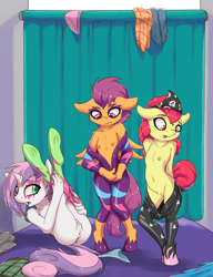 Size: 2078x2700 | Tagged: explicit, artist:fearingfun, apple bloom, scootaloo, sweetie belle, anthro, anus, ass, belly button, breasts, butt, clothes, costume, cutie mark crusaders, delicious flat chest, dressing, earth pony, female, females only, fitting room, flatie belle, flattle bloom, foalcon, g4, high res, imported from derpibooru, makeup, my little pony: friendship is magic, nipples, nudity, panties, pink underwear, scootaflat, show stopper outfits, spandex, striped underwear, the show stoppers, underwear, unguligrade anthro, vulva