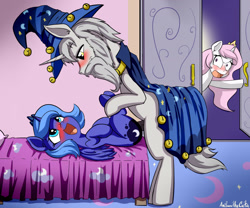 Size: 1800x1500 | Tagged: explicit, artist:anibaruthecat, princess celestia, princess luna, alicorn, bed, bipedal, bipedal leaning, blushing, caught, cewestia, clothes, cute, cute porn, female, filly, filly luna, foal, foalcon, g4, imported from derpibooru, incest, lunaswirl, male, nudity, open mouth, penis, pink-mane celestia, pony, sex, shipping, stallion on filly, star swirl the bearded, straight, unicorn, woona, younger