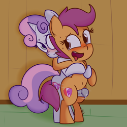 Size: 1280x1277 | Tagged: explicit, artist:mr-degration, scootaloo, sweetie belle, belly button, bipedal, blushing, clubhouse, crusaders clubhouse, cutie mark, female, filly, foal, foalcon, futa, futa on female, futa sweetie belle, g4, hug, humping, imported from derpibooru, intercrural sex, intersex, nudity, penis, pony, precum, sex, ship:scootabelle, shipping, sweat, the cmc's cutie marks, tongue out