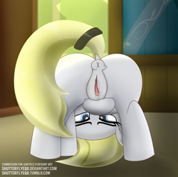 Size: 1896x1884 | Tagged: explicit, artist:shutterflyeqd, oc, oc:luftkrieg, anatomically correct, anus, aryan, aryan pony, bedroom eyes, blonde, butt, cute, cute porn, female, foalcon, imported from derpibooru, looking at you, looking back, looking between legs, magical lesbian spawn, nazipone, nudity, oc only, offspring, parent:oc:aryanne, parent:oc:kyrie, parents:oc x oc, plot, ponut, solo, solo female, vagina, vaginal secretions, vulva
