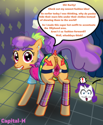 Size: 1360x1640 | Tagged: explicit, artist:capital-h, rarity, anus, braces, butt, cervical os, cervix, clamps, clitoral hood, clitoris, clothes, cute, cute porn, dark genitals, dialogue, dilation belt, exhibitionism, exposed, female, foalcon, funny porn, g4, gaping, gaping urethra, gaping vagina, heart clitoris, imported from derpibooru, labia, leggings, legwear, looking at you, looking back, my little pony: friendship is magic, nudity, plaid stripes, plot, ponut, presenting, public nudity, smiling, solo, solo female, speech bubble, spread pussy, the saddle row review, urethra, vagina, vulva, vulvar winking, why, wingding eyes