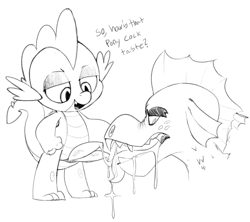 Size: 924x819 | Tagged: explicit, artist:whydomenhavenipples, spike, age difference, blowjob, cum, cum in mouth, cumming, derpibooru exclusive, dialogue, dragon, foalcon, foaldom, g4, garble, gauntlet of fire, gay, grayscale, hemipenis, imported from derpibooru, lidded eyes, male, monochrome, multidick, my little pony: friendship is magic, nudity, oral, penis, sex, ship:sparble, shipping, simple background, size difference, sketch, small dom big sub, tongue out, white background