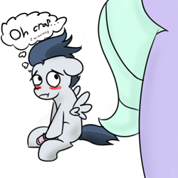 Size: 1750x1750 | Tagged: explicit, artist:davierocket, blushing, dialogue, erection, female, flitter, foalcon, g4, hiding erection, implied foalcon, imported from derpibooru, inconvenient erection, male, nudity, pegasus, penis, pony, reacting to nudity, rumble, ship:flitterumble, shipping, spread wings, straight, straight shota, wingboner, wings