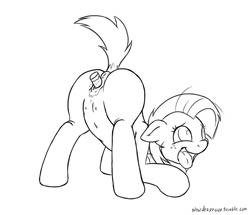 Size: 800x688 | Tagged: explicit, artist:slowderpyguy, babs seed, ahegao, anatomically correct, animated, anus, ass up, belly button, butt, crotchboobs, dildo, dock, earth pony, face down ass up, female, foalcon, g4, imported from derpibooru, insertion, monochrome, nipples, nudity, open mouth, plot, ponut, pony, sex toy, solo, solo female, tongue out, vaginal insertion, vaginal secretions, vulva