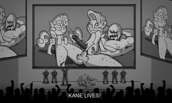Size: 1202x720 | Tagged: explicit, artist:osiedleryba, starlight glimmer, sweetie belle, anal, armpits, brotherhood of nod, command and conquer, crossover, dildo, double penetration, foalcon, g4, human, human male, human male on mare, human on pony action, human penis, imported from derpibooru, interspecies, kane, magic, male, monochrome, multiple penetration, nipples, nudity, penetration, penis, pony, public sex, sex, sex toy, straight, sweetiekane