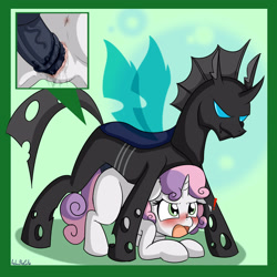Size: 2500x2500 | Tagged: explicit, artist:anibaruthecat, sweetie belle, all fours, anus, big penis, blushing, changeling, changeling male on filly action, changeling on filly action, changeling on pony action, commission, doggy style, exclamation point, female, filly, foal, foalcon, from behind, g4, high res, imported from derpibooru, interspecies, large penetration, male, male changeling, mare, nudity, open mouth, penetration, penis, pony, sex, straight, vaginal, vaginal secretions, vulva