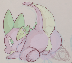 Size: 693x610 | Tagged: explicit, artist:dandi, spike, all fours, anus, ass, balls, butt, dragon, dragonbutt, foalcon, g4, imported from derpibooru, kneeling, looking at you, looking back, male, nudity, penis, presenting, sketch, solo, solo male