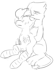 Size: 1280x1674 | Tagged: questionable, artist:mired, blushing, clothes, foalcon, g4, gay, griffon, imported from derpibooru, male, monochrome, nudity, rumble, sheath, sketch, socks