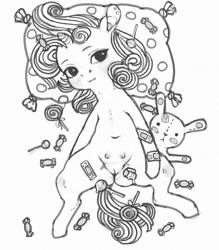 Size: 800x912 | Tagged: explicit, artist:wimcrustumplus, sweetie belle, band-aid, belly button, candy, crotchboobs, female, foalcon, food, g4, genitals, imported from derpibooru, monochrome, nipples, nudity, piercing, solo, solo female, teats, vulva