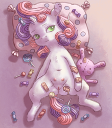 Size: 1600x1824 | Tagged: explicit, artist:chromaskunk, artist:wimcrustumplus, sweetie belle, band-aid, belly button, candy, crotchboobs, female, foalcon, food, g4, human vulva on pony, imported from derpibooru, nipples, nudity, piercing, pony, solo, solo female, teats, vaginal secretions, vulva