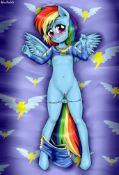 Size: 2050x3000 | Tagged: explicit, artist:anibaruthecat, rainbow dash, anibaruthecat bed, anthro, banned from derpibooru, belly button, blue underwear, blushing, breasts, clothes, delicious flat chest, edit, female, filly, foal, foalcon, g4, high res, imported from derpibooru, imported from twibooru, lolicon, looking at you, nipples, nudity, pajamas, panties, panties around legs, panties pulled down, panty bow, ribbon, shirt, shirt lift, solo, solo female, underage, underwear, unguligrade anthro, vaginal secretions, vulva, wide hips, wings, wonderbolts
