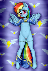 Size: 2050x3000 | Tagged: explicit, artist:anibaruthecat, rainbow dash, anibaruthecat bed, anthro, banned from derpibooru, bed, belly button, blue underwear, blushing, breasts, clothes, cute, dashabetes, delicious flat chest, female, foalcon, g4, high res, imported from derpibooru, imported from twibooru, lolicon, looking at you, nipples, nudity, pajamas, panties, panties around legs, panties pulled down, panty bow, ribbon, shirt, shirt lift, solo, solo female, underage, underwear, unguligrade anthro, vaginal secretions, vulva, wings, wonderbolts