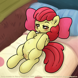 Size: 1500x1497 | Tagged: explicit, artist:smudge proof, apple bloom, anus, belly, belly button, commission, crotchboobs, estrus, female, foalcon, g4, imported from derpibooru, nipples, nudity, on back, open mouth, ponut, solo, solo female, sweat, vulva