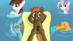 Size: 1280x720 | Tagged: explicit, artist:jbond, button mash, sweetie belle, balls, colt, earth pony, female, filly, foal, foalcon, g4, imported from derpibooru, lying down, male, masturbation, nudity, on back, penis, pipsqueak, pony, sad, smiling, snails, snips, swimming, unicorn, water, wet, wet mane