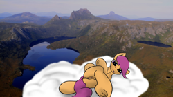 Size: 1366x768 | Tagged: explicit, artist:scarrly, scootaloo, anus, butt, cloud, crossed hooves, cute, cute porn, dock, female, foalcon, g4, hoof fetish, imported from derpibooru, looking at you, lying down, nudity, on back, plot, ponut, solo, solo female, tongue out, underhoof, vulva