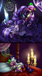 Size: 800x1439 | Tagged: explicit, artist:pia-sama, rarity, spike, 2 panel comic, age difference, baby, baby dragon, baby dragon on mare, blowjob, butt, candle, comic, crystal, dock, dragon, dragon dick, duo, duo male and female, female, foalcon, g4, imported from derpibooru, interspecies, male, mare, nightmare rarity, nightmare rearity, nudity, oral, penis, pony, pony on dragon action, queen, roleplaying, sex, ship:nightmare sparity, ship:sparity, shipping, straight, tail, unicorn, vaginal secretions, vulva, wingless spike