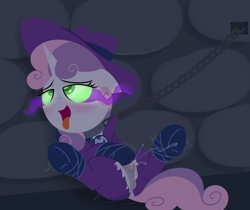 Size: 2560x2150 | Tagged: explicit, grimdark, artist:dtcx97, sweetie belle, ahegao, anatomically correct, anus, bondage, chains, clothed sex, clothes, commission, costume, female, female orgasm, filly, foal, foalcon, g4, high res, imported from derpibooru, involuntary masturbation, masturbation, mind control, nudity, on back, open mouth, orgasm, pony, rape, self rape, sex, shivering, smiling, solo, solo female, sombra eyes, squirting, sweetie do well, tongue out, underhoof, unicorn, vaginal secretions, vulva