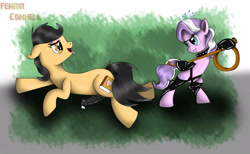 Size: 2600x1600 | Tagged: explicit, artist:fenrir connell, diamond tiara, oc, oc:ran constintine, bipedal, canon x oc, collar, dominatrix, femboy, foalcon, foaldom, g4, horsecock, imported from derpibooru, latex, male, malesub, nudity, penis, pony, shipping, submissive, tongue out, whip