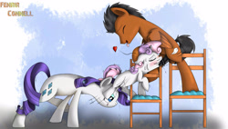 Size: 4000x2267 | Tagged: explicit, artist:fenrir connell, rarity, sweetie belle, oc, oc:airswirl, balls, bisexual, blowjob, canon x oc, female, foalcon, g4, group sex, heart, horn, horn penetration, horsecock, imported from derpibooru, incest, male, mare, mare on filly, nudity, oral, penetration, penis, pony, raricest, sex, ship:raribelle, shipping, stallion on filly, straight, sweat, threesome, tongue out, vaginal, vaginal secretions
