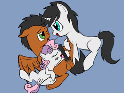 Size: 1600x1200 | Tagged: explicit, artist:fenrir connell, sweetie belle, oc, oc:airswirl, anus, balls, blowjob, canon x oc, drool, drool string, foalcon, g4, group sex, horsecock, imported from derpibooru, nudity, oral, penis, sex, shipping, simple background, threesome, vagina