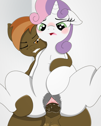 Size: 1601x2000 | Tagged: explicit, artist:phyll, button mash, sweetie belle, anatomically correct, balls, blushing, carrying, clitoris, colt, colt on filly, dark genitals, earth pony, female, filly, foal, foalcon, g4, genitals, gritted teeth, horn, horsecock, imported from derpibooru, looking down, male, nudity, one eye closed, open mouth, penetration, penis, pony, reverse suspended congress, sex, ship:sweetiemash, shipping, simple background, spread legs, spreading, straight, unicorn, vaginal, vaginal secretions, vulva