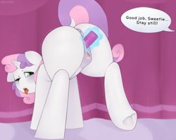 Size: 2000x1593 | Tagged: explicit, artist:oouichi, rarity, sweetie belle, anatomically correct, anus, butt, clitoris, curtains, dark genitals, dialogue, dock, female, foalcon, g4, implied rarity, imported from derpibooru, incest, lesbian, looking back, magic, nudity, offscreen character, one eye closed, plot, ponut, raricest, sex toy, shaking, ship:raribelle, shipping, solo, solo female, speech bubble, tail aside, tongue out, vaginal secretions, vibrator, vulva, vulvar winking