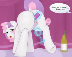 Size: 2000x1593 | Tagged: explicit, artist:oouichi, rarity, sweetie belle, alcohol, anatomically correct, anus, butt, clitoris, curtains, dark genitals, dialogue, dock, female, foalcon, g4, implied rarity, imported from derpibooru, incest, lesbian, looking back, magic, nudity, offscreen character, one eye closed, plot, ponut, raricest, sex toy, shaking, ship:raribelle, shipping, solo, solo female, speech bubble, tail aside, tongue out, underhoof, vaginal secretions, vibrator, vulva, vulvar winking, wine, wine bottle, wine glass