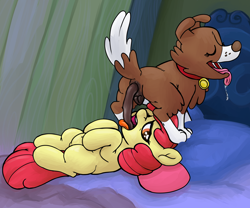 Size: 5000x4159 | Tagged: explicit, grotesque, artist:smudge proof, apple bloom, absurd resolution, anus, bed, bestiality, butt, canine vulva, chest fluff, collar, dog, dog on filly action, dog on pony action, drool, earth pony, female, filly, foal, foalcon, g4, imported from derpibooru, indoors, interspecies, lesbian, looking at you, lying down, nudity, on back, open mouth, plot, pony, poop, poop eating, pooping, raised tail, scat, swallowing, tail, tongue out, vulva, winona