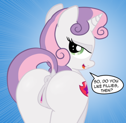 Size: 1822x1782 | Tagged: explicit, artist:an-tonio, artist:lord waite, sweetie belle, anatomically correct, anus, bedroom eyes, butt, clitoris, colored, cutie mark, dialogue, dock, edit, female, filly, foal, foalcon, g4, imported from derpibooru, looking at you, looking back, nudity, plot, ponut, presenting, show accurate, show accurate porn, smiling, solo, solo female, speech bubble, sweetie butt, the cmc's cutie marks, vulva