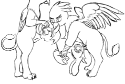 Size: 1683x1137 | Tagged: explicit, artist:thebathwaterhero, oc, oc:sunny days, series:entrapment, cyoa, dubious consent, ear bite, earth pony, erection, female, filly, foal, foalcon, griffon, group sex, hair pulling, imported from derpibooru, interspecies, male, monochrome, nudity, oc only, oral, paws, penis, pony, pony on griffon action, sex, spitroast, straight, talons, threesome, trio
