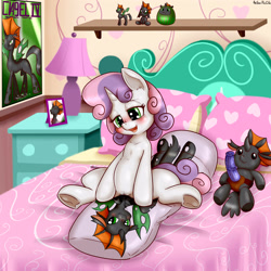 Size: 3000x3000 | Tagged: explicit, artist:anibaruthecat, sweetie belle, oc, oc:vesairus, bed, blushing, body pillow, changeling, changeling oc, commission, daruma, female, foalcon, g4, high res, imported from derpibooru, masturbation, obsession, open mouth, pillow, pillow humping, sex toy, solo, solo female, strapon, underhoof, vaginal secretions