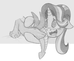 Size: 1092x900 | Tagged: explicit, artist:lockerobster, spike, starlight glimmer, blushing, crazy eyes, dragon, dragon on pony action, drool, female, foalcon, g4, hemipenis, hypnosis, hypnotized, imported from derpibooru, interspecies, male, monochrome, multidick, nudity, pencil drawing, penis, pony, ship:sparlight, shipping, straight, swirly eyes, that pony sure does love equality, traditional art, unicorn