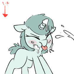 Size: 600x600 | Tagged: explicit, artist:whydomenhavenipples, oc, oc:deep blue, arrow, bukkake, cum, cum on body, cum on horn, cumming, cute, cute porn, cyoa, eating, edit, facial, female, filly, foal, foal quest, foalcon, horn, implied straight, imported from derpibooru, not milk, oc only, pony, solo, solo female, tongue out, unicorn