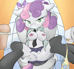 Size: 3000x2800 | Tagged: explicit, artist:mdgusty, sweetie belle, anthro, anus, ass, bathroom, breasts, busty sweetie belle, butt, clothes, female, foalcon, g4, high res, imported from derpibooru, legwear, looking at you, necktie, nipples, nudity, open clothes, open shirt, oppai loli, panties, panties around leg, panties pulled down, panty bow, part of a set, skirt, solo, solo female, spread legs, spreading, stockings, thigh highs, toilet, underwear, unguligrade anthro, upskirt, vulva
