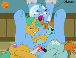 Size: 1270x969 | Tagged: explicit, artist:zetar02, age difference, ahegao, anus, blushing, bondage, cuffs, cum, cumming, double penetration, double vaginal, drool, female, foalcon, g4, group sex, humiliation, imported from derpibooru, legs in air, lip bite, male, mmf threesome, multiple penetration, multiple vaginal, not gay if it's in a threeway, nudity, open mouth, penetration, pony, sex, snails, snips, straight, straight shota, stretching, threesome, tied, trio, trixie, trixie's fans, unicorn, vaginal