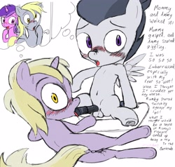 Size: 3738x3558 | Tagged: explicit, artist:fairhart, amethyst star, anus, balls, blank flank, blowjob, blushing, blushing profusely, butt, caught, cushion, derpy hooves, dinky hooves, dock, drool, erection, female, filly on colt, foalcon, g4, high res, horsecock, imported from derpibooru, just the tip, male, nudity, oral, penis, plot, ponut, rumble, rumbledink, sex, shipping, sketch, straight, surprised, text, thought bubble, tongue out, underhoof, vagina, vaginal secretions, voyeurism, vulva, wingboner