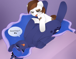Size: 5000x3902 | Tagged: explicit, artist:oouichi, princess luna, absurd resolution, dialogue, eyes closed, female, foalcon, g4, happy sex, heart, holding hooves, imported from derpibooru, male, missionary position, penetration, pipsqueak, sex, ship:lunapip, shipping, speech bubble, straight, straight shota, tongue out, vaginal
