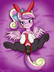 Size: 1200x1600 | Tagged: explicit, artist:anibaruthecat, alicorn, bed, blushing, clothes, commission, disembodied penis, female, female focus, filly, foal, foalcon, g4, horsecock, imported from derpibooru, legwear, looking at you, male, nudity, pantyhose, penetration, penis, pony, princess cadance, sex, solo focus, straight, vaginal, younger