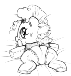 Size: 397x425 | Tagged: grimdark, suggestive, artist:whydomenhavenipples, pinkie pie, alicorn, anthro, baby, baby pony, babycon, clothes, diaper, dress, earth pony, female, foalcon, g4, human, humanized, imported from derpibooru, looking back, monochrome, pacifier, plushie, pony, prone, skirt, solo, source needed, sweat, upskirt, useless source url