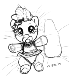 Size: 434x473 | Tagged: questionable, artist:whydomenhavenipples, pinkie pie, baby, baby pony, babycon, clothes, diaper, dress, earth pony, female, fleshlight, foalcon, g4, imported from derpibooru, looking at you, monochrome, pacifier, plushie, pony, sex toy, solo, solo female, source needed